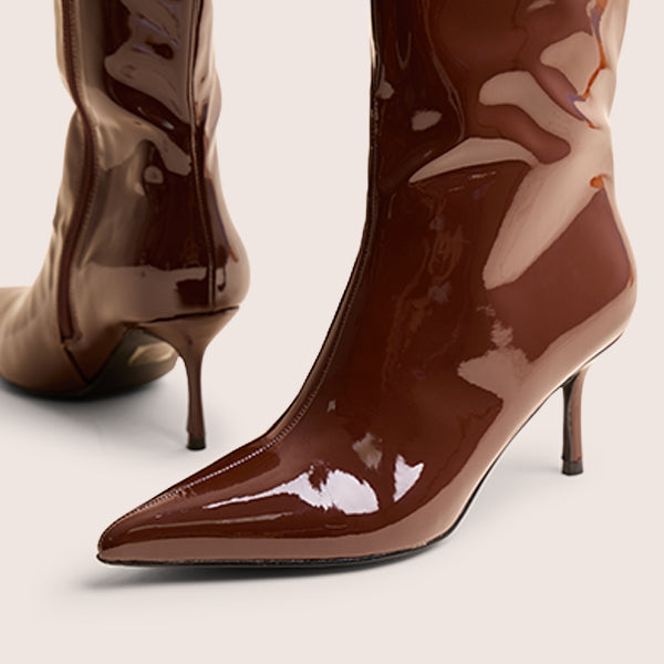 Public Desire Amped Chocolate Patent Pointed Toe Mid Heel Knee High Boots