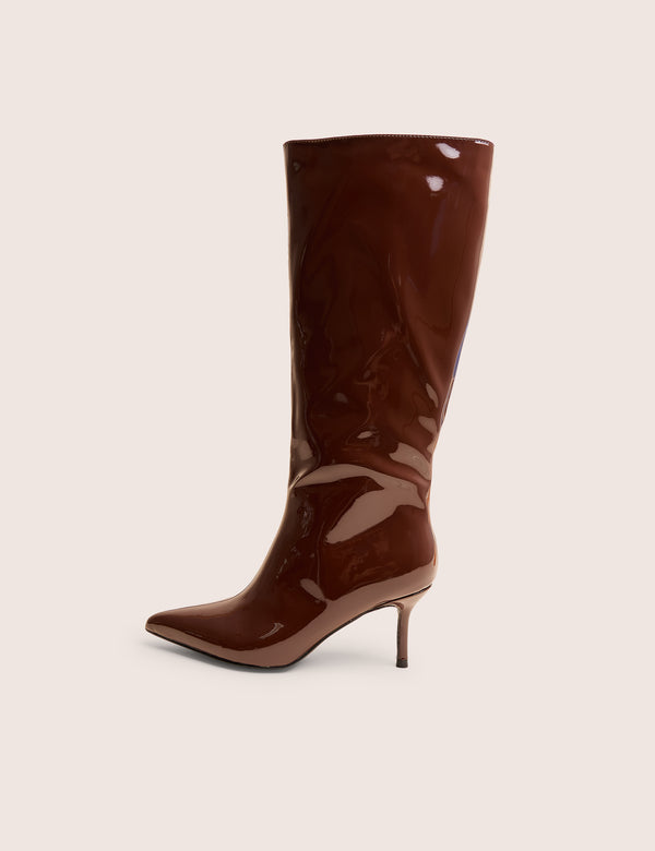 public desire Amped Chocolate Patent Pointed Toe Mid Heel Knee High Boots