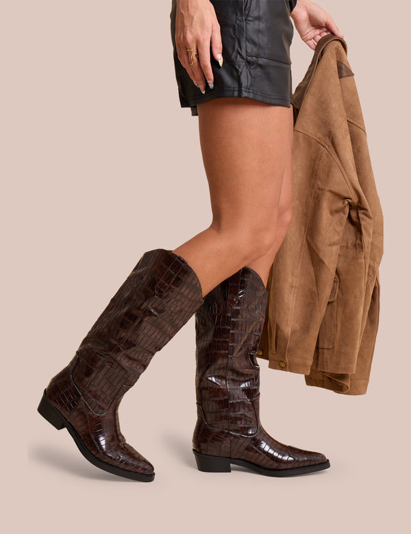 Public Desire Apollo Brown Croc Flat Western Knee High Boots