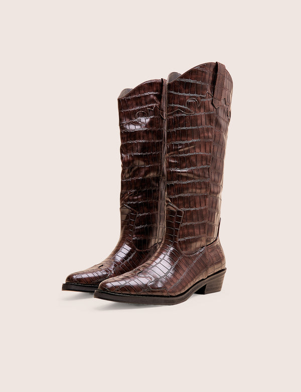 Public Desire Apollo Brown Croc Flat Western Knee High Boots