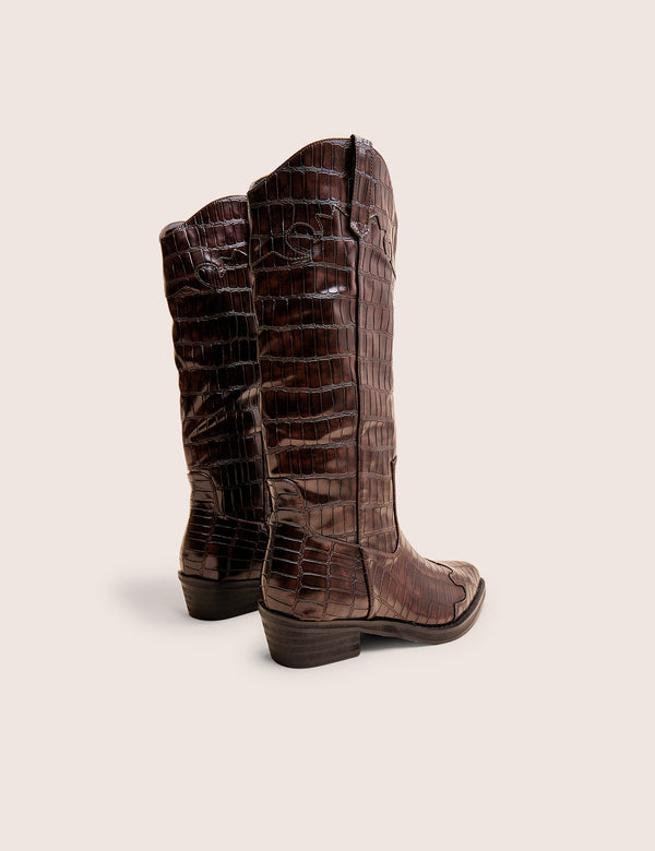 Public Desire Apollo Brown Croc Flat Western Knee High Boots