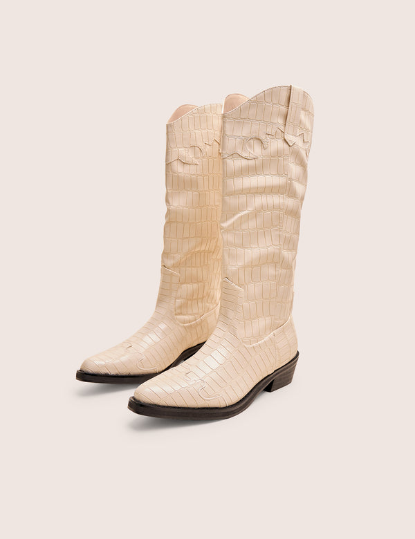 Public Desire Apollo Cream Stitch Flat Western Knee High Boots