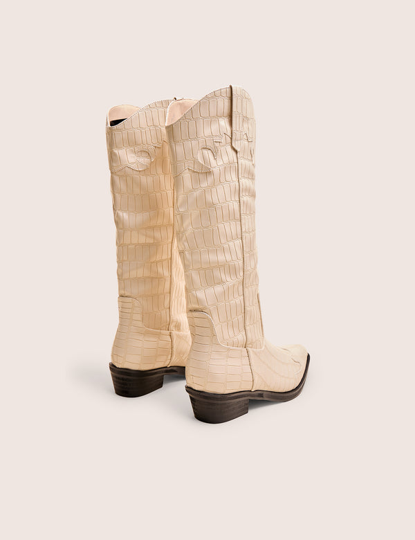 Public Desire Apollo Cream Stitch Flat Western Knee High Boots