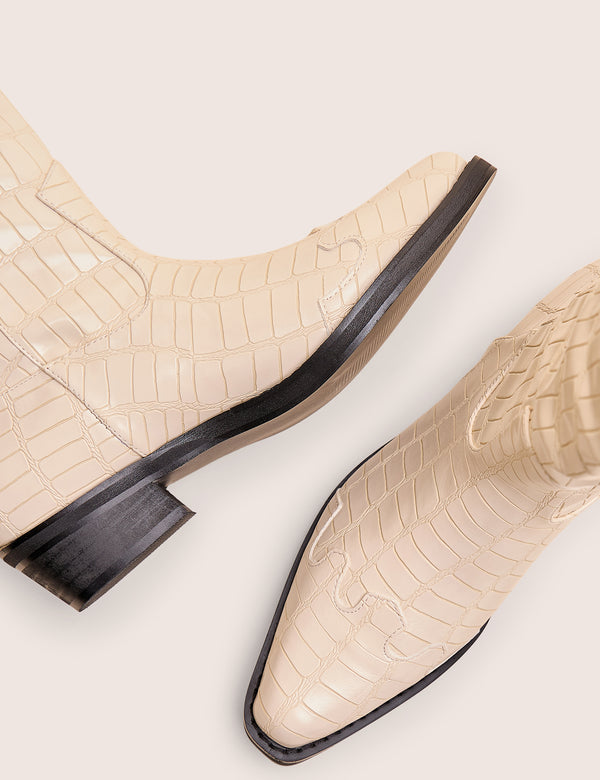 Public Desire Apollo Cream Stitch Flat Western Knee High Boots