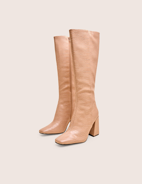 Public Desire Apology Nude Patent Croc Knee High Block Heel Boots