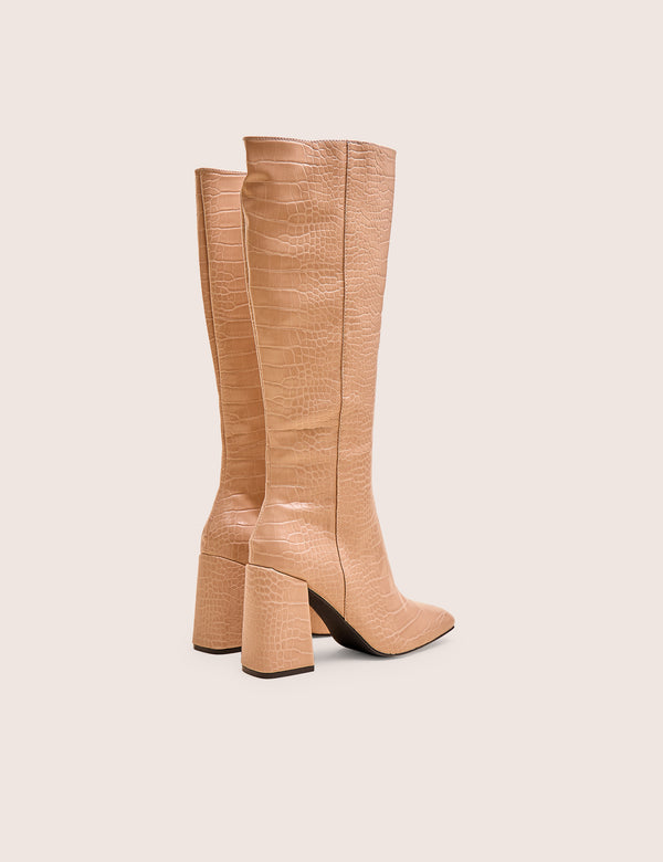 Public Desire Apology Nude Patent Croc Knee High Block Heel Boots