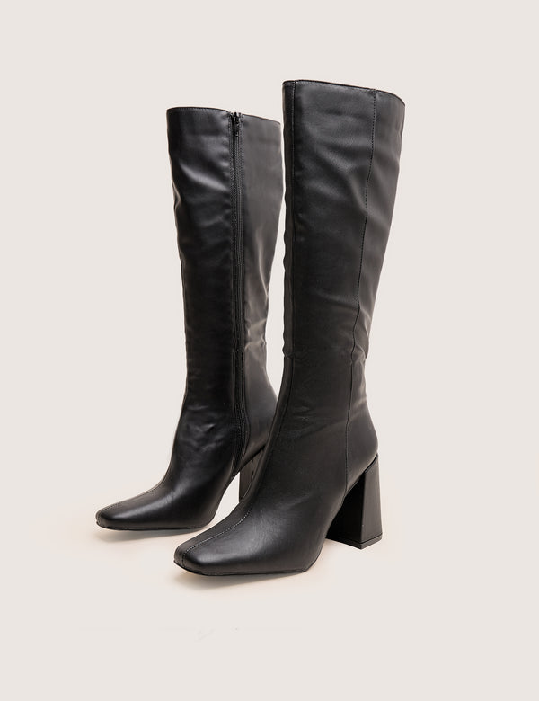 Public Desire Apology Wide Fit Black Pu Knee High Block Heel Boots