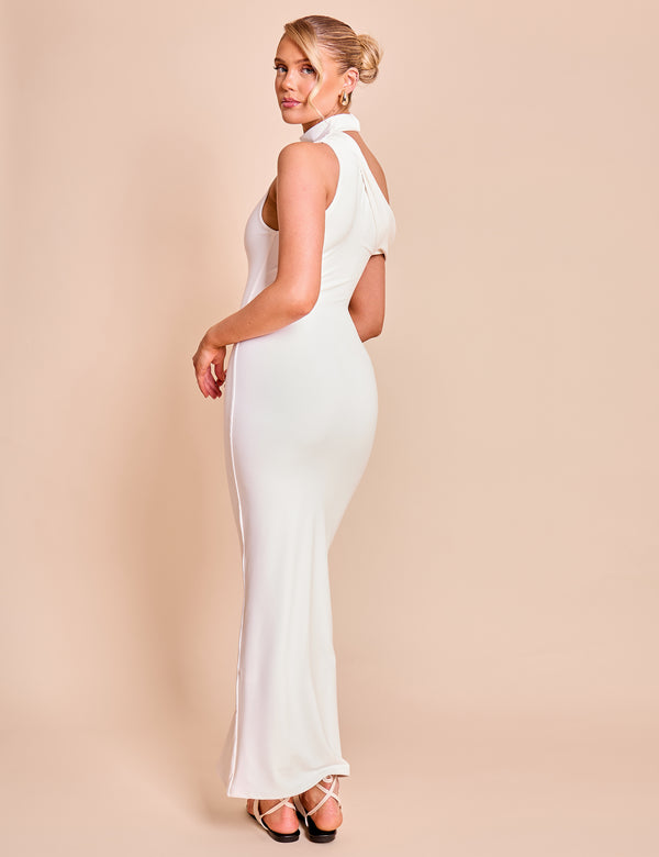 Public Desire Asymmetric One Shoulder Choker Detail Luxe Slinky Midi Dress White