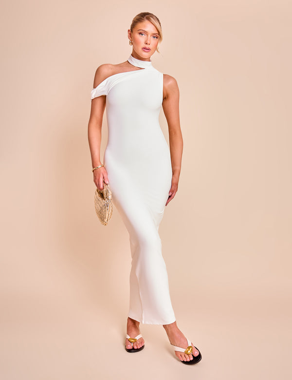 public desire Asymmetric One Shoulder Choker Detail Luxe Slinky Midi Dress White