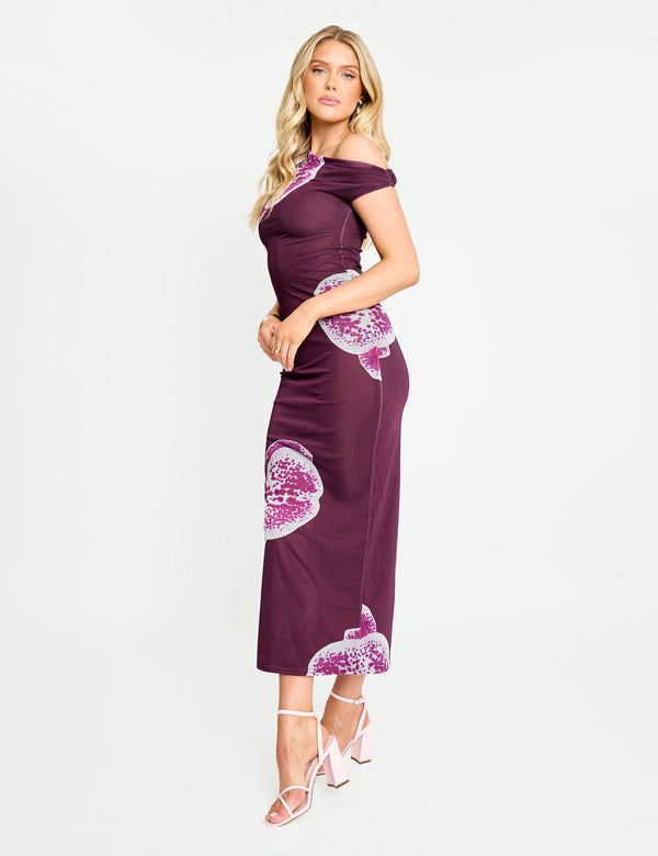 Public Desire Asymmetric One Shoulder Floral Maxi Dress Burgundy