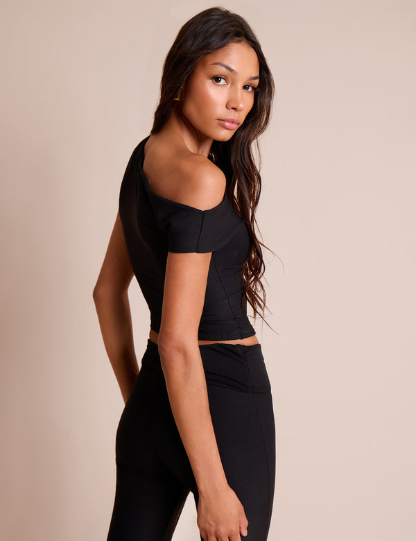 Public Desire Asymmetric One Shoulder Luxe Slinky Top Black