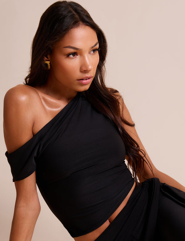 public desire Asymmetric One Shoulder Luxe Slinky Top Black