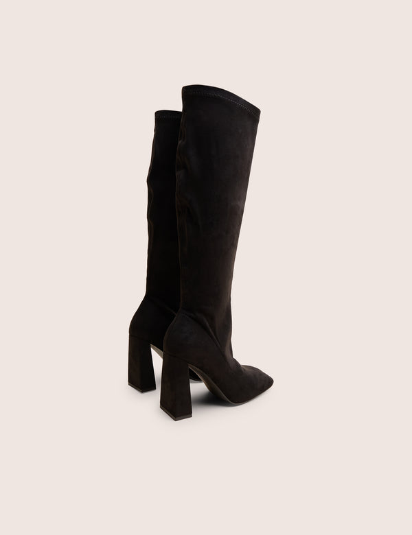 Public Desire Audrina Black Suede Block Heel Knee High Sock Boots