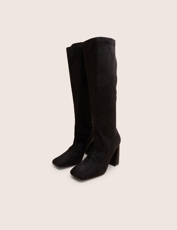 Public Desire Audrina Black Suede Wide Fit Block Heel Knee High Sock Boots