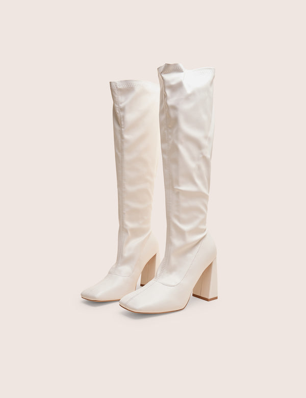 Public Desire Audrina White Pu Block Heel Knee High Sock Boots