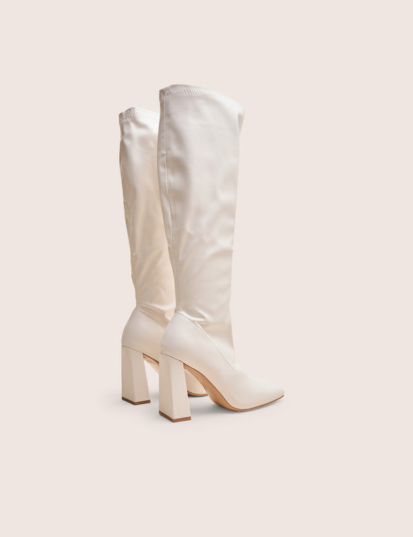 Public Desire Audrina White Pu Block Heel Knee High Sock Boots