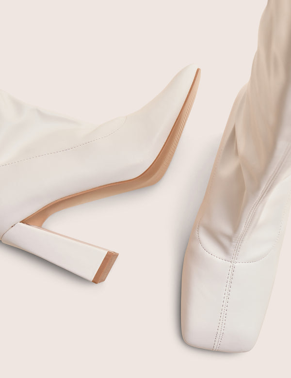 Public Desire Audrina White Pu Block Heel Knee High Sock Boots