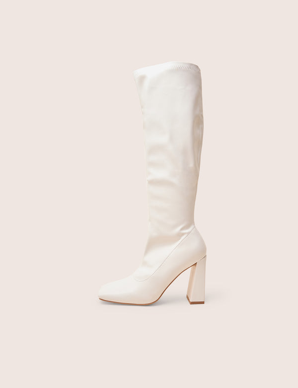 public desire Audrina White Pu Block Heel Knee High Sock Boots