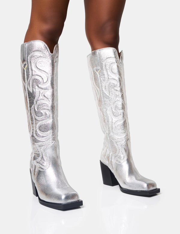 Public Desire Austine Wide Fit Silver Western Block Heel Knee High Boots