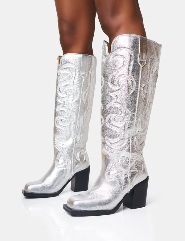 Public Desire Austine Wide Fit Silver Western Block Heel Knee High Boots