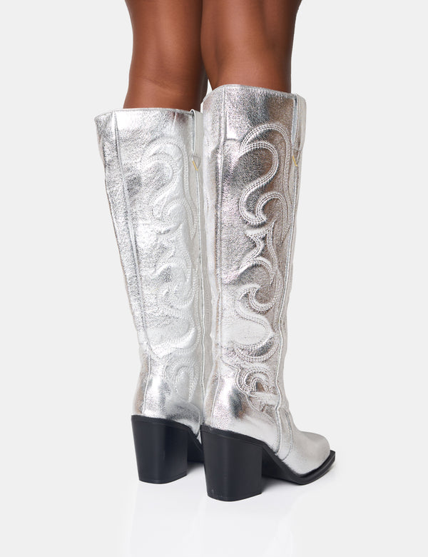 Public Desire Austine Wide Fit Silver Western Block Heel Knee High Boots