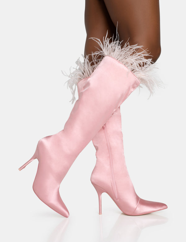 Public Desire Baddie Baby Pink Satin Feather Pointed Toe Stiletto Knee High Boots