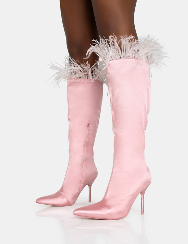 Public Desire Baddie Baby Pink Satin Feather Pointed Toe Stiletto Knee High Boots