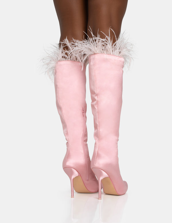 Public Desire Baddie Baby Pink Satin Feather Pointed Toe Stiletto Knee High Boots