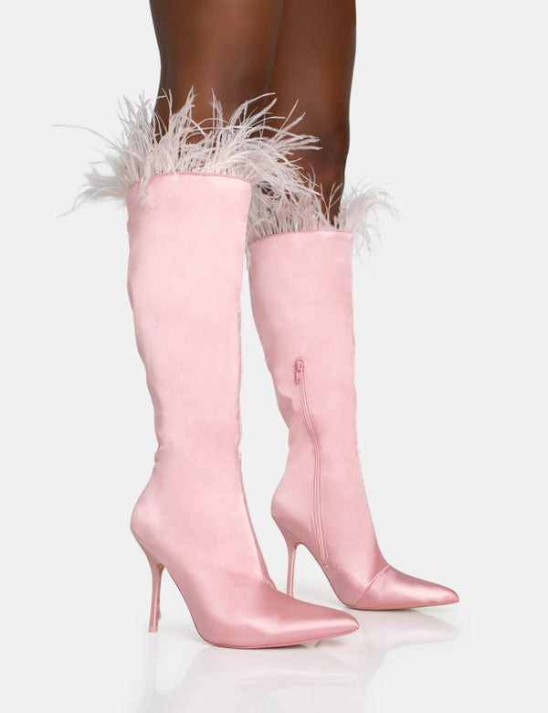 public desire Baddie Baby Pink Satin Feather Pointed Toe Stiletto Knee High Boots