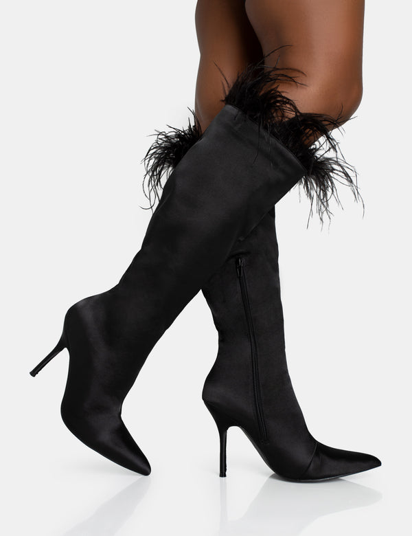 Public Desire Baddie Black Satin Feather Pointed Court Stiletto Knee High Boots