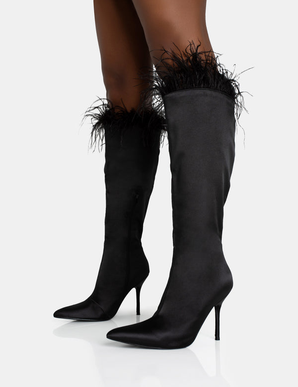 Public Desire Baddie Black Satin Feather Pointed Court Stiletto Knee High Boots