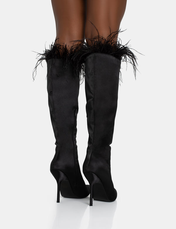 Public Desire Baddie Black Satin Feather Pointed Court Stiletto Knee High Boots