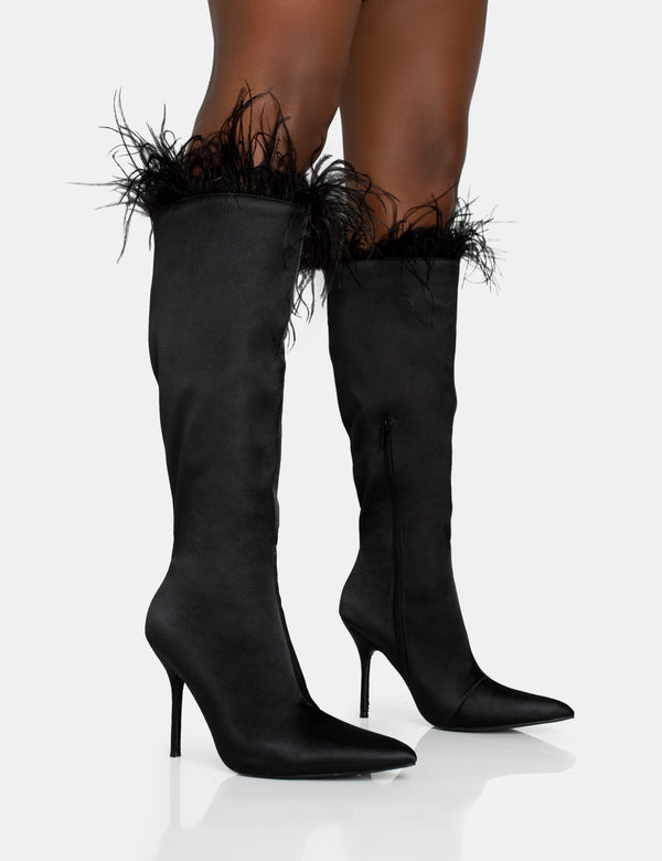 public desire Baddie Black Satin Feather Pointed Court Stiletto Knee High Boots