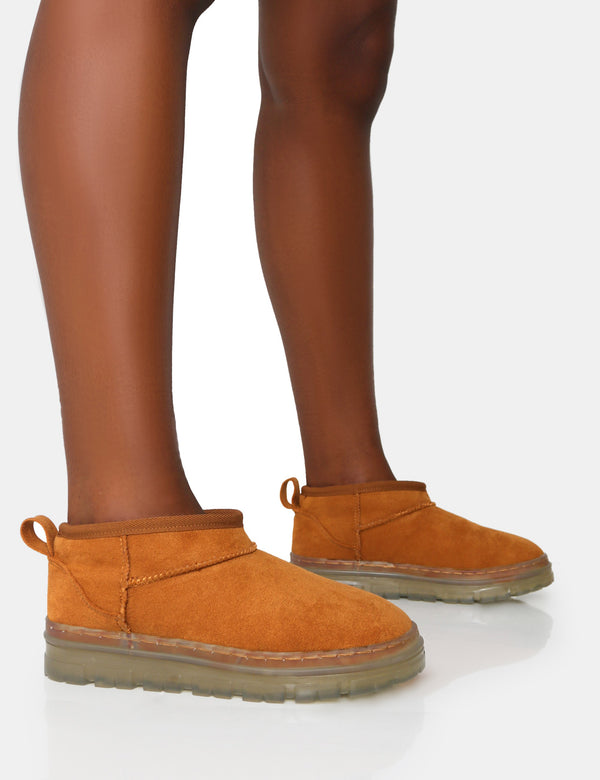 public desire Bambi Tan Faux Suede Ultra Mini Ankle Boots