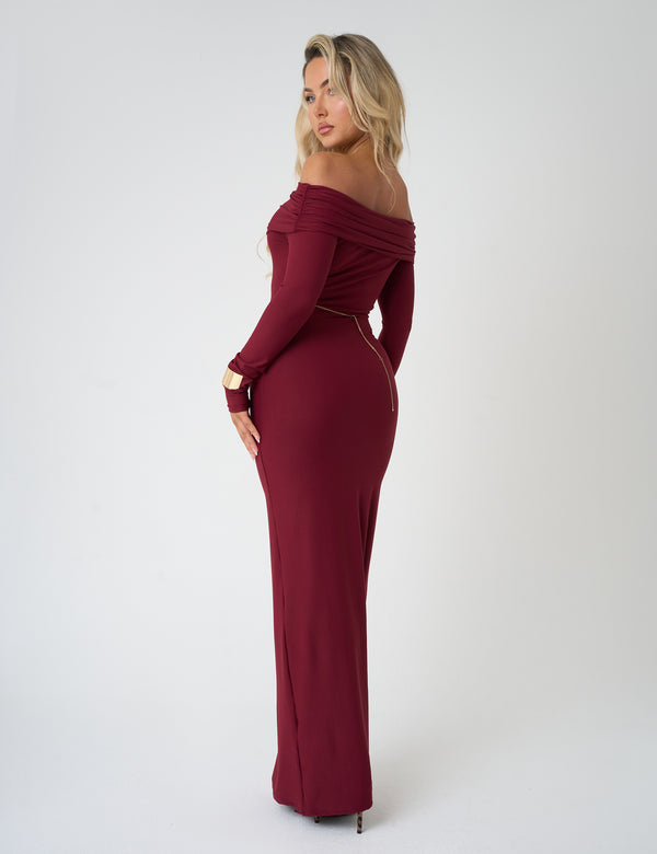 Public Desire Bardot Luxe Slinky Maxi Dress Burgundy