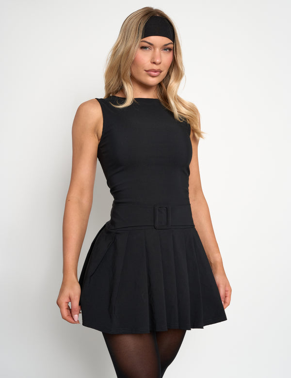 public desire Bengaline Black Belt Detail Pleated Mini Dress Black