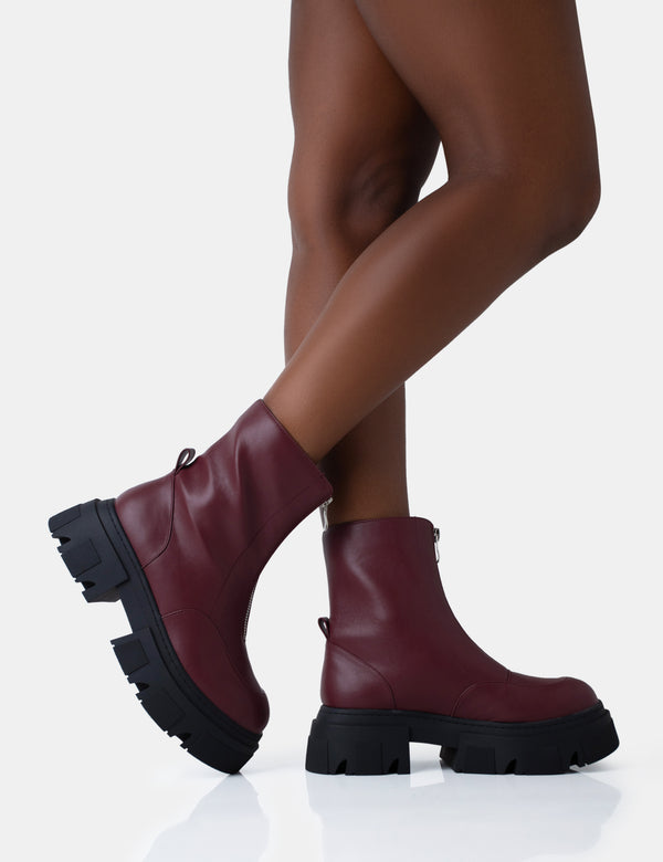 Public Desire Bergen Burgundy Pu Zip Up Detailed Rounded Chunky Soled Ankle Boots