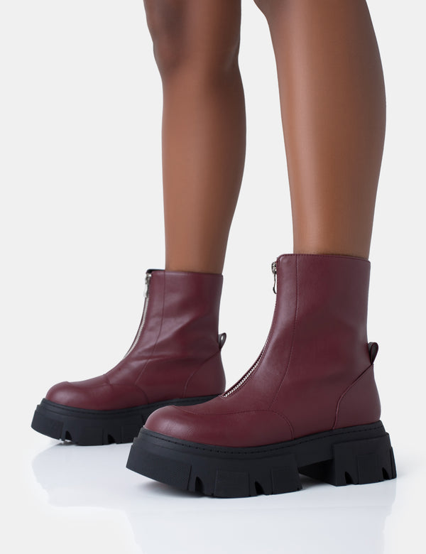 Public Desire Bergen Burgundy Pu Zip Up Detailed Rounded Chunky Soled Ankle Boots