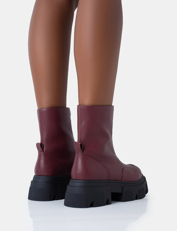 Public Desire Bergen Burgundy Pu Zip Up Detailed Rounded Chunky Soled Ankle Boots