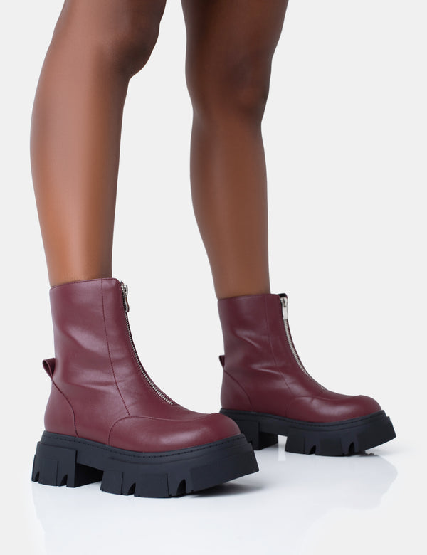 public desire Bergen Burgundy Pu Zip Up Detailed Rounded Chunky Soled Ankle Boots