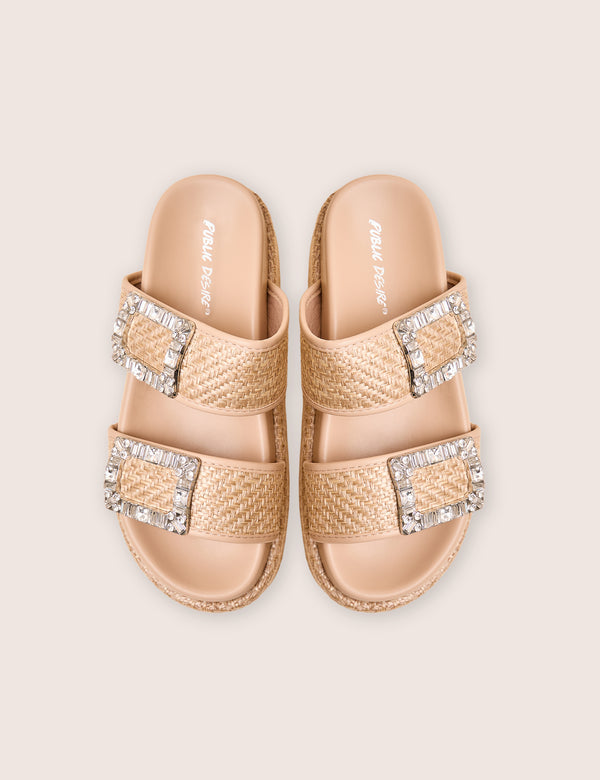 Public Desire Bettie Natural Rattan Diamante Buckle Detail Flatform Slider Sandals