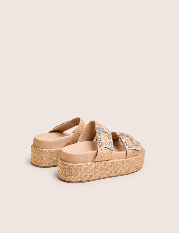 Public Desire Bettie Natural Rattan Diamante Buckle Detail Flatform Slider Sandals