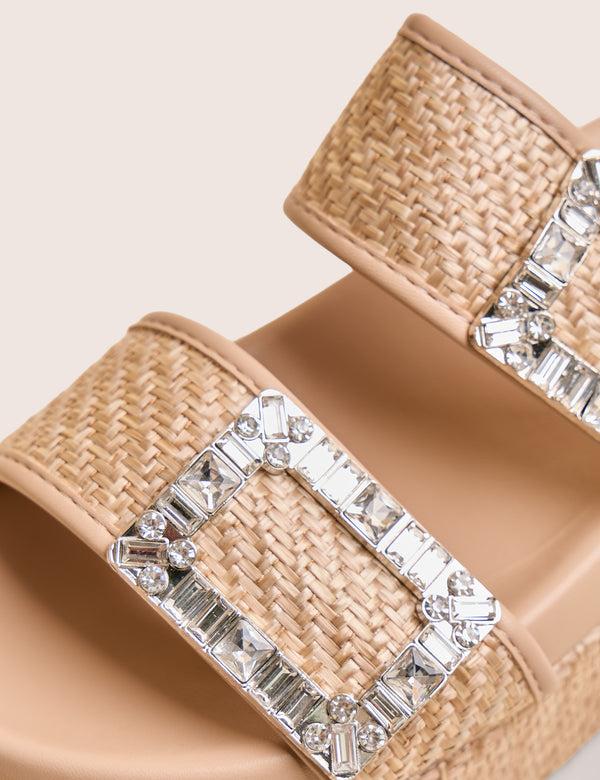 Public Desire Bettie Natural Rattan Diamante Buckle Detail Flatform Slider Sandals