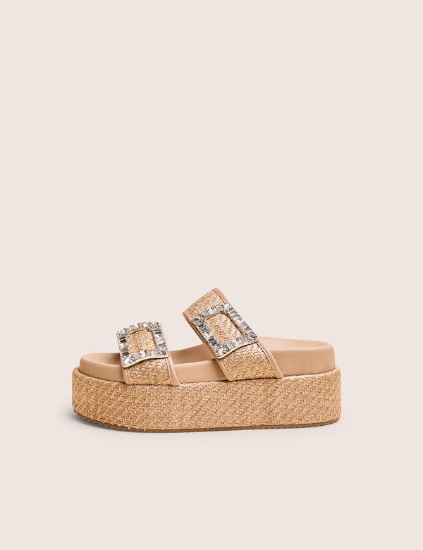 public desire Bettie Natural Rattan Diamante Buckle Detail Flatform Slider Sandals