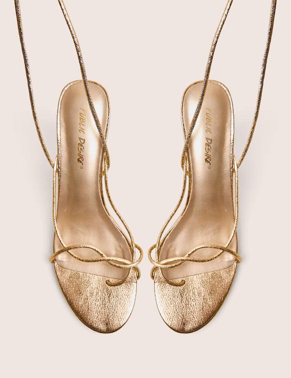 Public Desire Birdie Gold Cracked Pu Lace Up Mid Heels