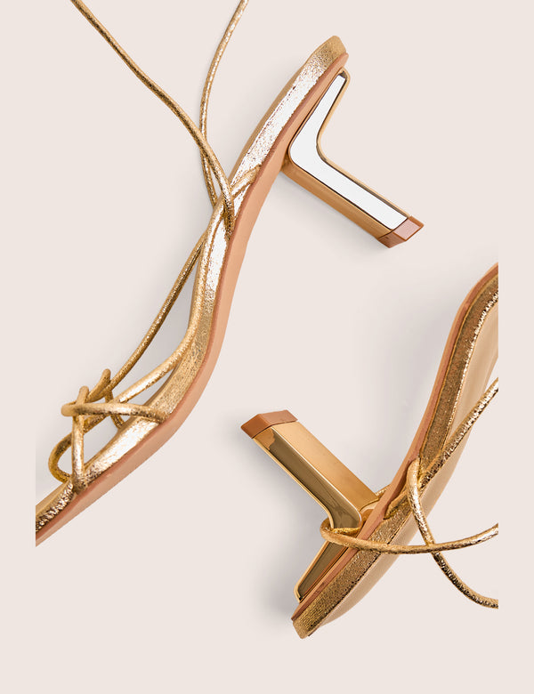 Public Desire Birdie Gold Cracked Pu Lace Up Mid Heels