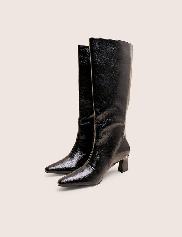 Public Desire Boomer Black Crinkle Pu Pointed Toe Knee High Mid Heel Boots