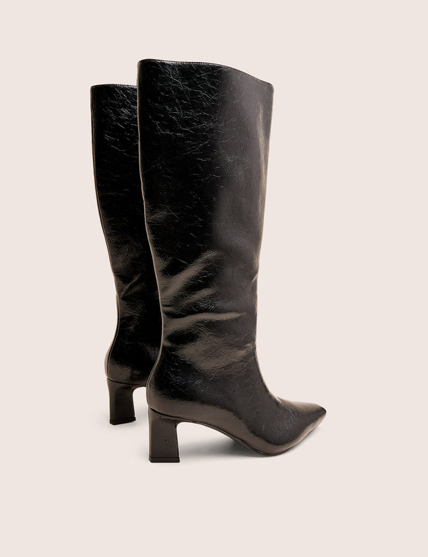 Public Desire Boomer Black Crinkle Pu Pointed Toe Knee High Mid Heel Boots