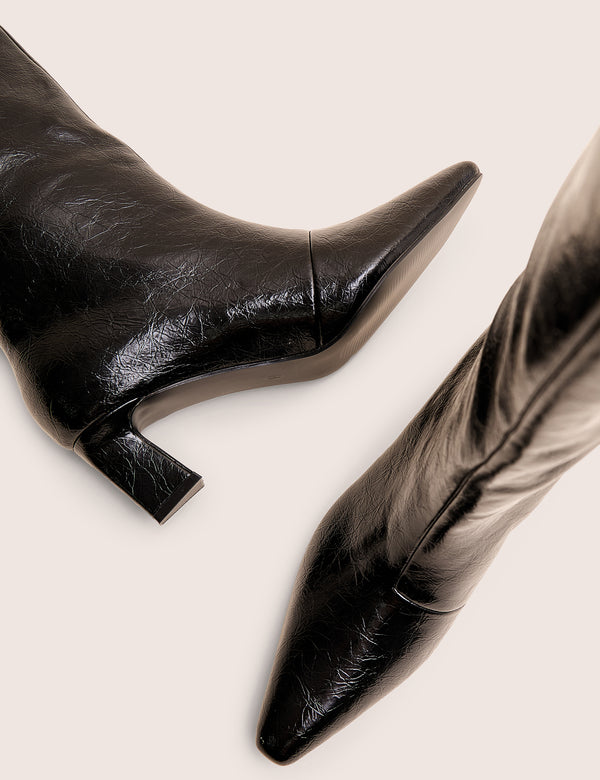 Public Desire Boomer Black Crinkle Pu Pointed Toe Knee High Mid Heel Boots