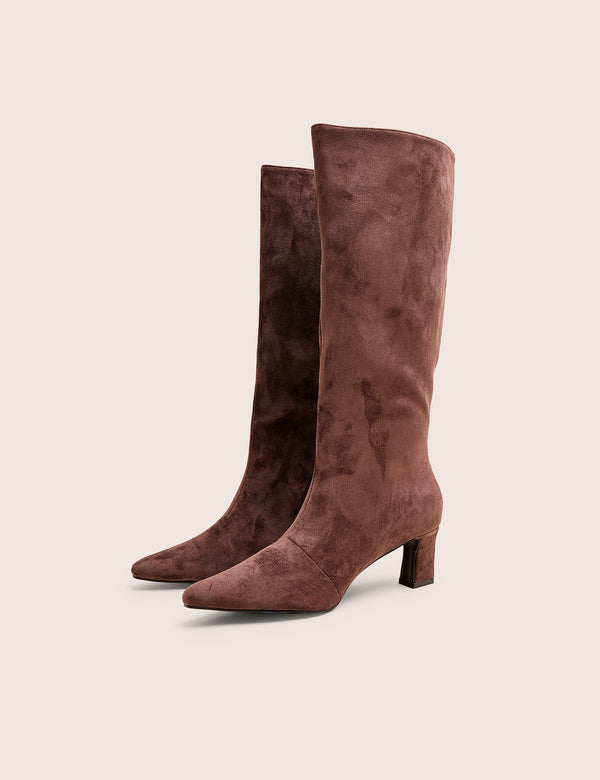 Public Desire Boomer Brown Suedette Pointed Toe Knee High Mid Heel Boots